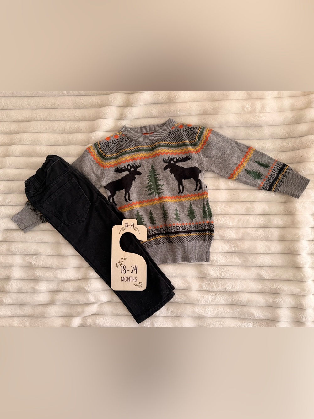 18-24m Gray Toddler Moose & Tree Knit Sweater & Black Jeans